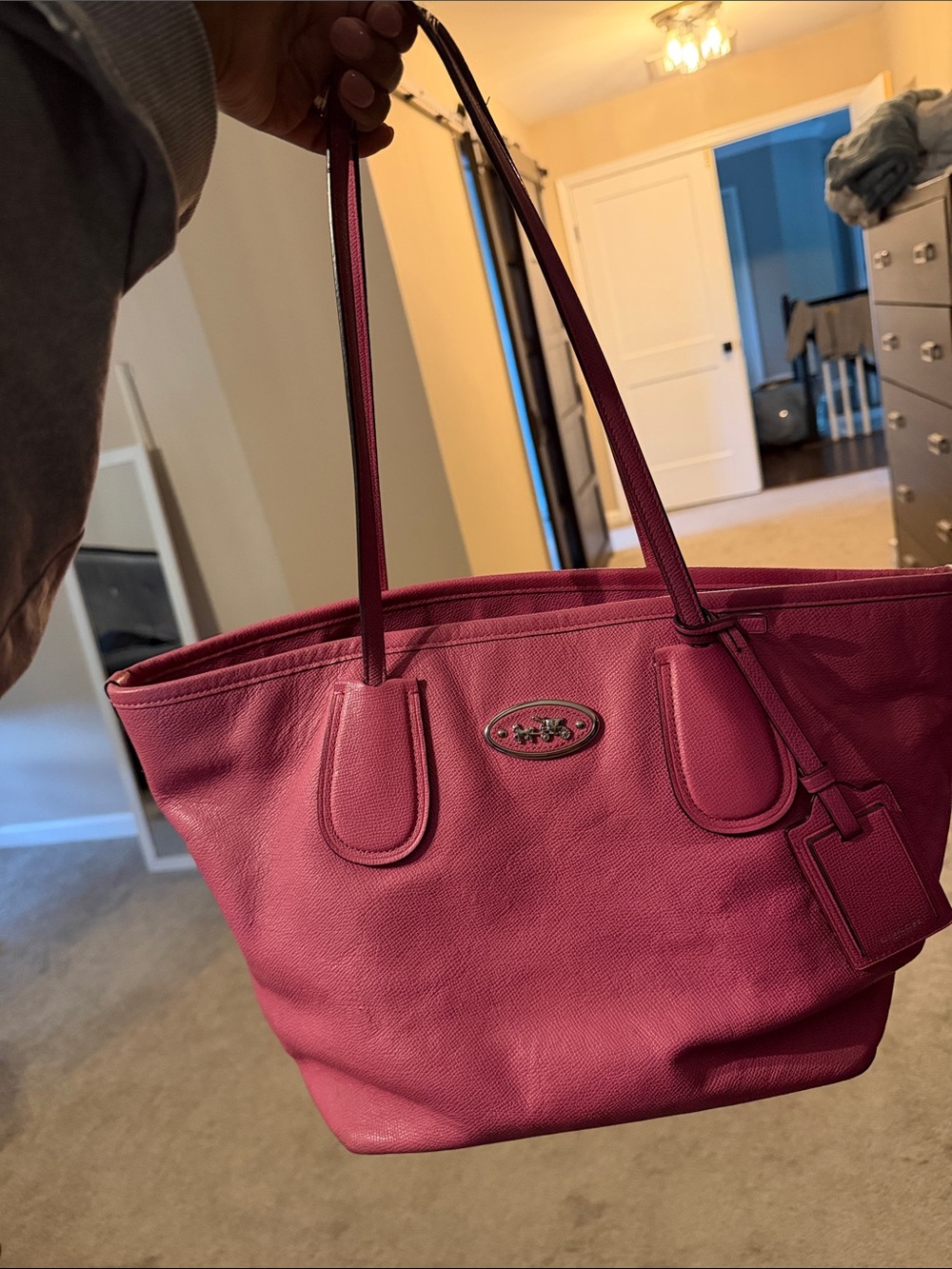 Coach Pink Pebbled Leather Tote with Logo Plaque